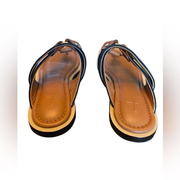 Lafayette 148 Sz 38/8 Brown Navy Blue Sabine Leather Canvas Classic Sandals - Picture 8 of 8